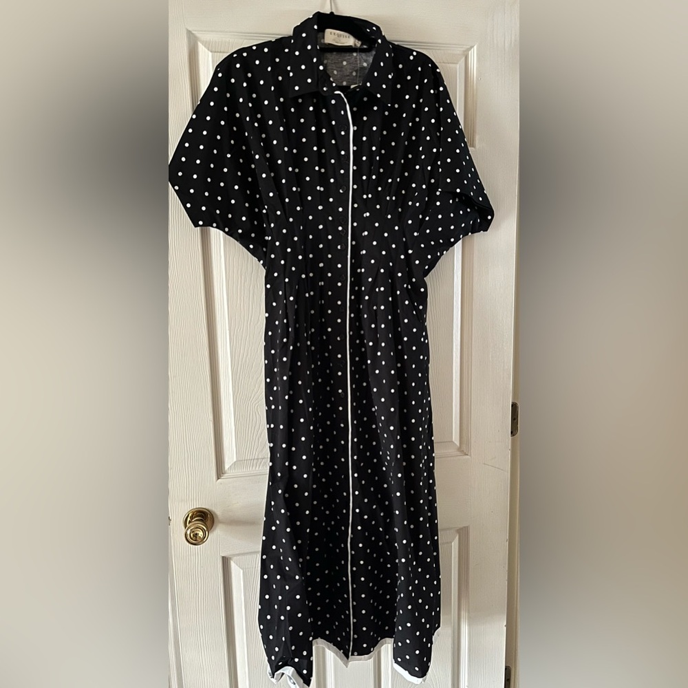 Polka Dot Black Maxi Dress with White Trim